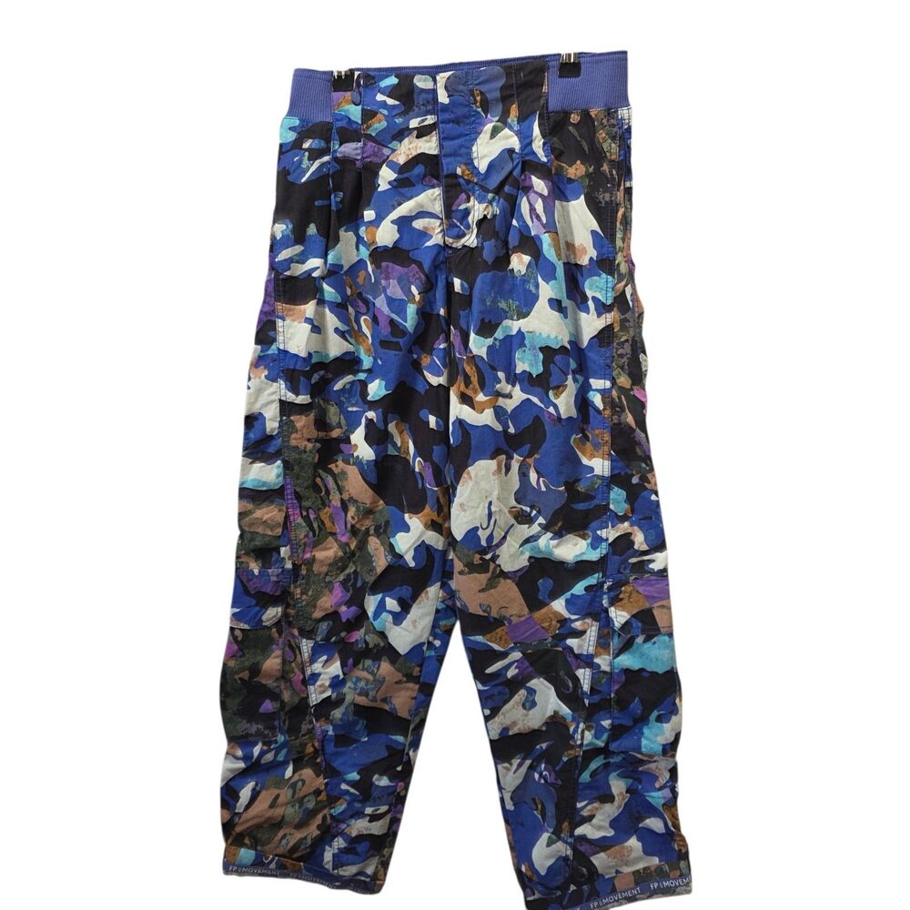 FP Movement Free People Blue Camo Cargo Pants Wide Leg Gorpcore M Boho EUC